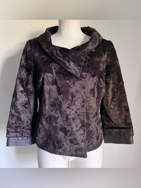 Edward An Faux Fur Short Coat Sz 8 Brown Leather Sleeves Chic Retro